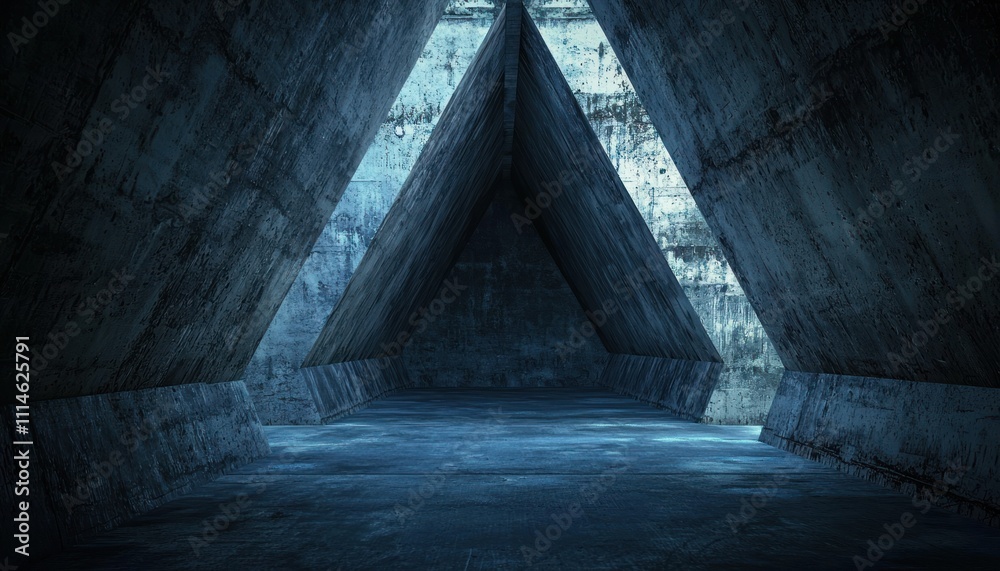 Poster concrete structure with triangular walls and a dark, empty interior