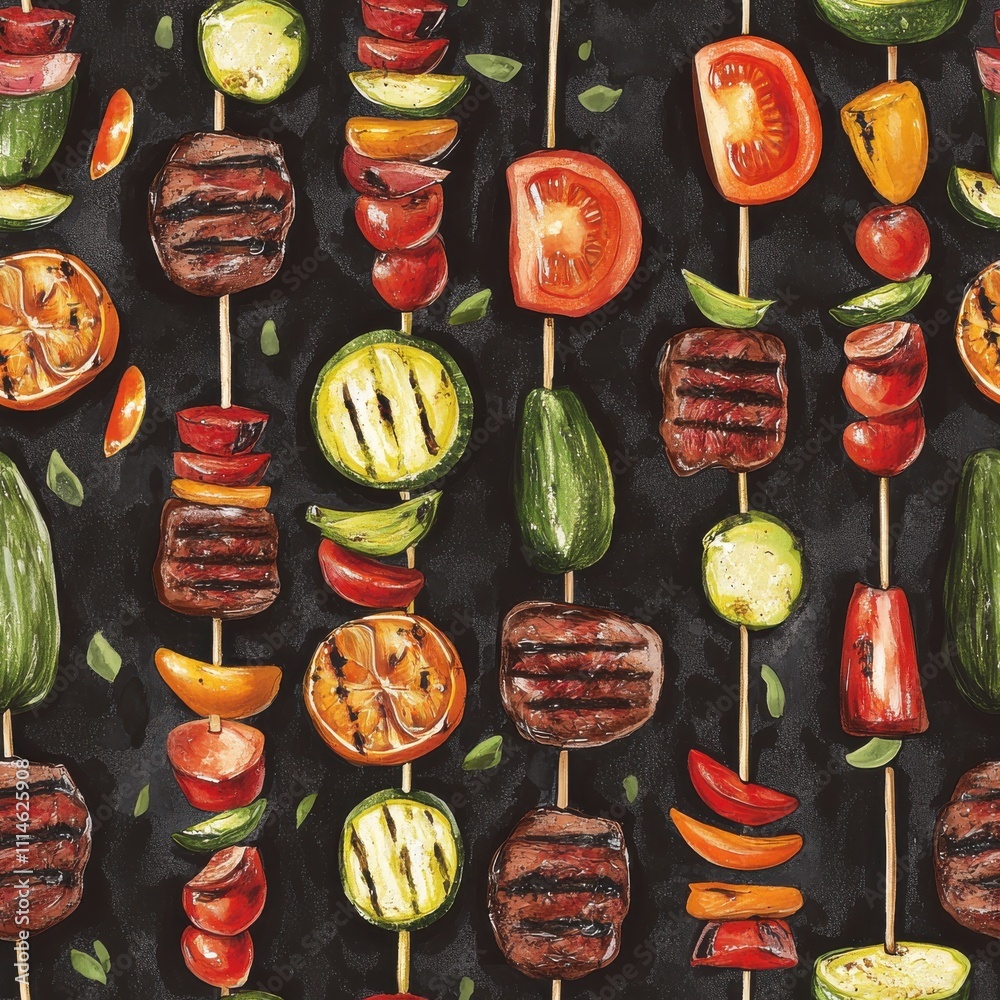 Aufkleber grilled vegetable and steak skewers arranged artfully on a dark background for a summer barbecue gat