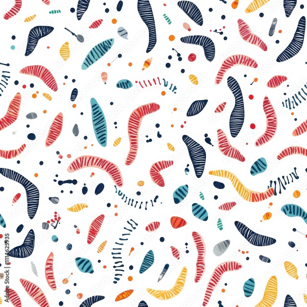 Poster a colorful pattern displaying diverse chromosomes and genetic markers on a white background, showcas