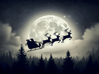 Santa Claus on a sleigh pulled by flying reindeer at full moon night 