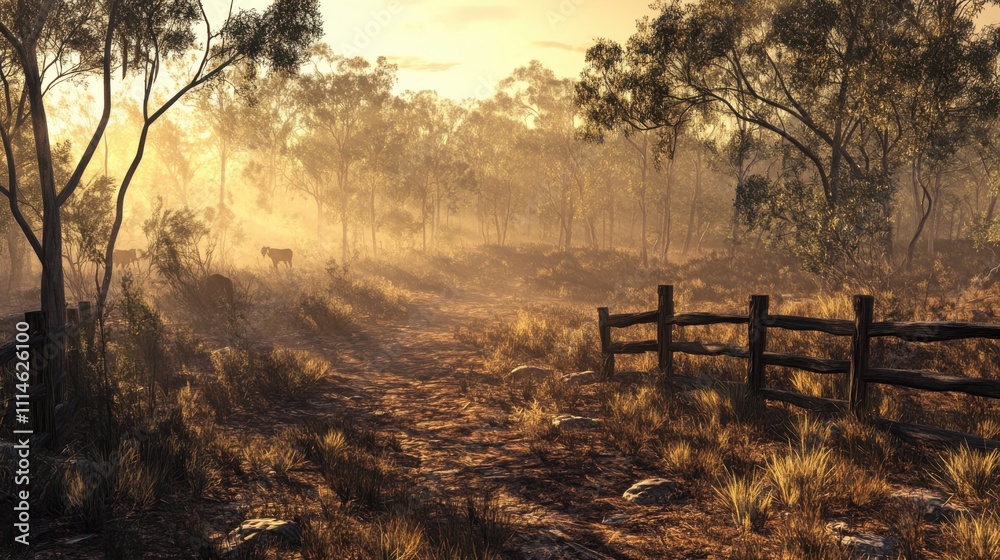 Poster panoramic view of a tranquil fenced area with sunlight filtering through trees at dusk