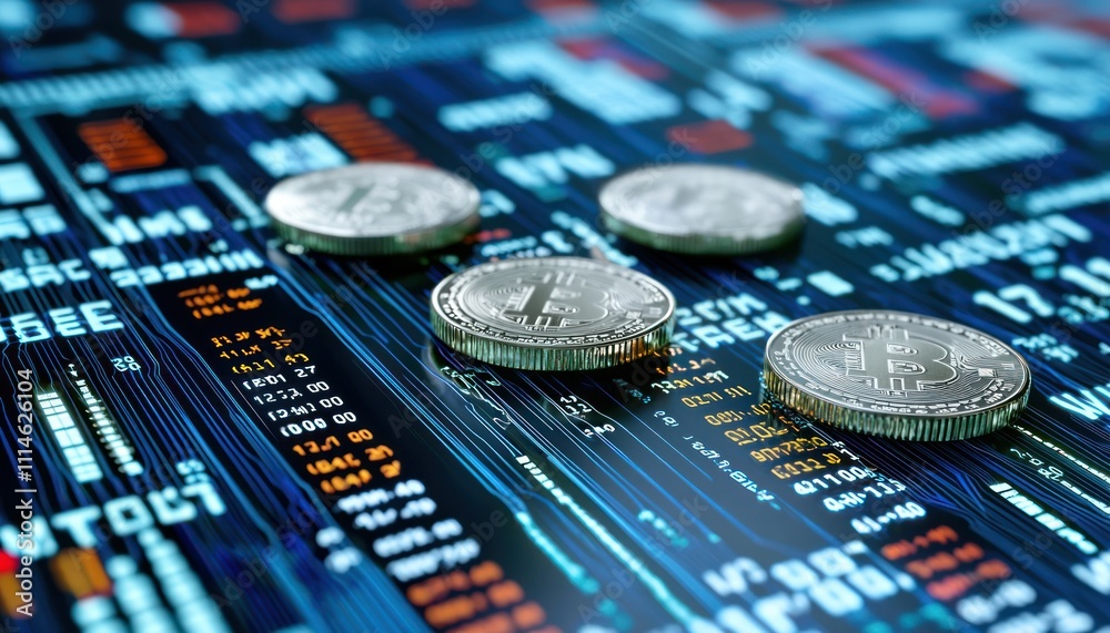 Aufkleber silver bitcoin coins on a futuristic digital display