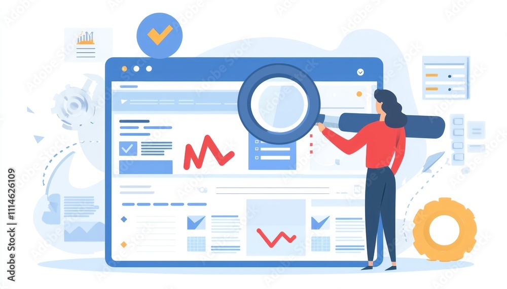 Poster woman analyzing website data with magnifying glass