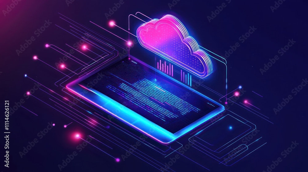 Poster Neon Cloud Computing and Data Transfer with a Tablet and Lines