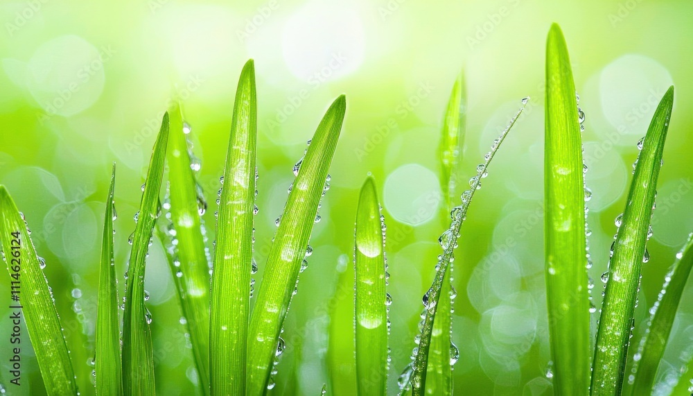 Poster dewdrops on lush green grass blades with bokeh background