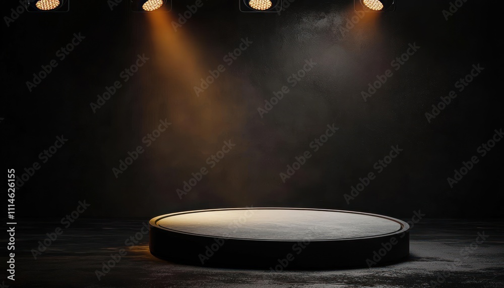 Poster black circular platform illuminated by spotlights in a dark studio