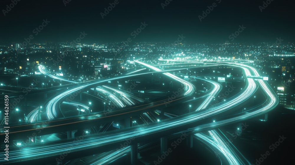 Poster Aerial view of a bustling nighttime highway filled with luminous traffic navigating through a vibrant cityscape