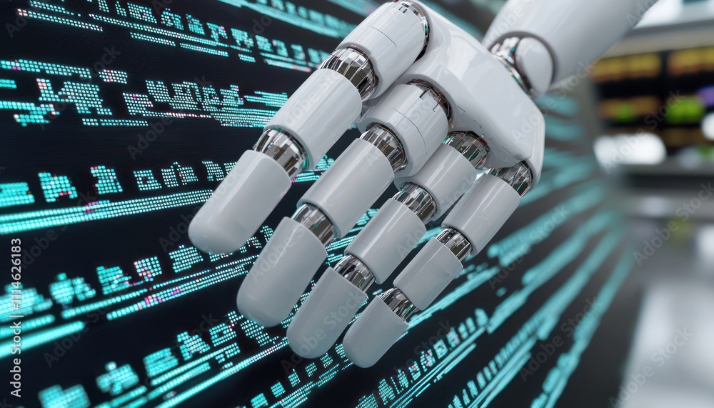 Poster A robotic hand interacts with a digital screen displaying code.