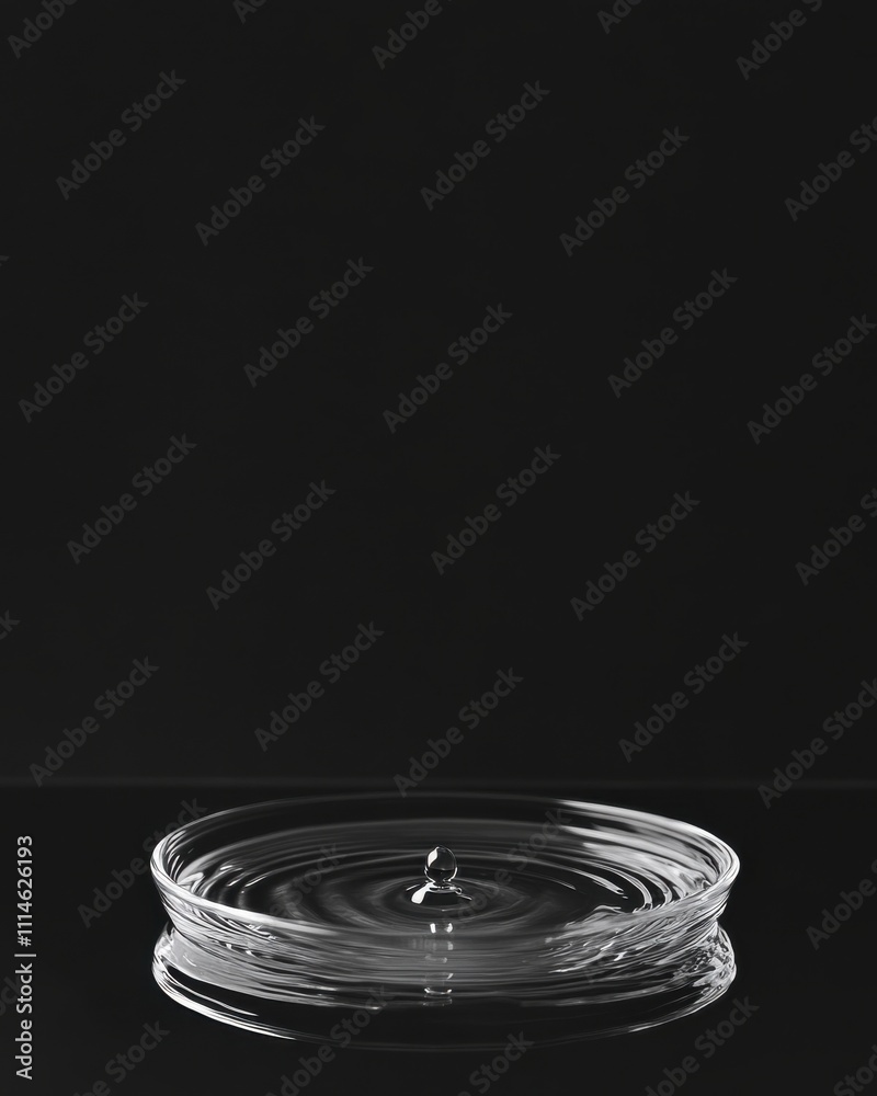 Poster A close-up shot of a water droplet creating ripples in a minimalist black-and-white setting captured in a serene moment