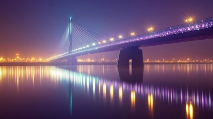 Modern suspension bridge illuminated at night, reflecting on calm waters in an urban cityscape