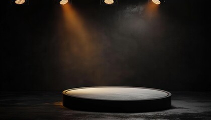 Black Circular Platform Illuminated by Spotlights in a Dark Studio