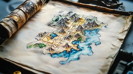 Antique map with detailed terrain and vibrant colors, rolled slightly at the edges.