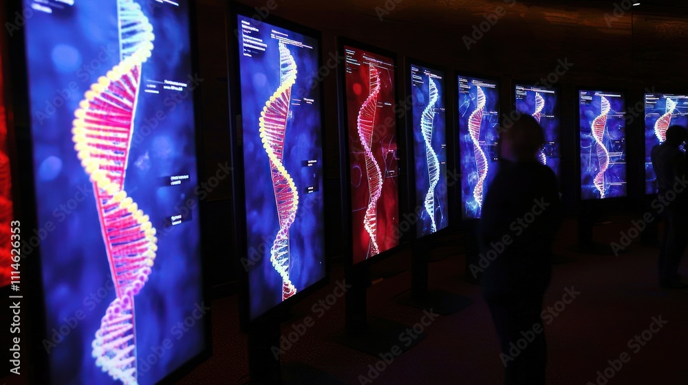 Aufkleber A row of digital screens displaying an illuminated DNA helix model