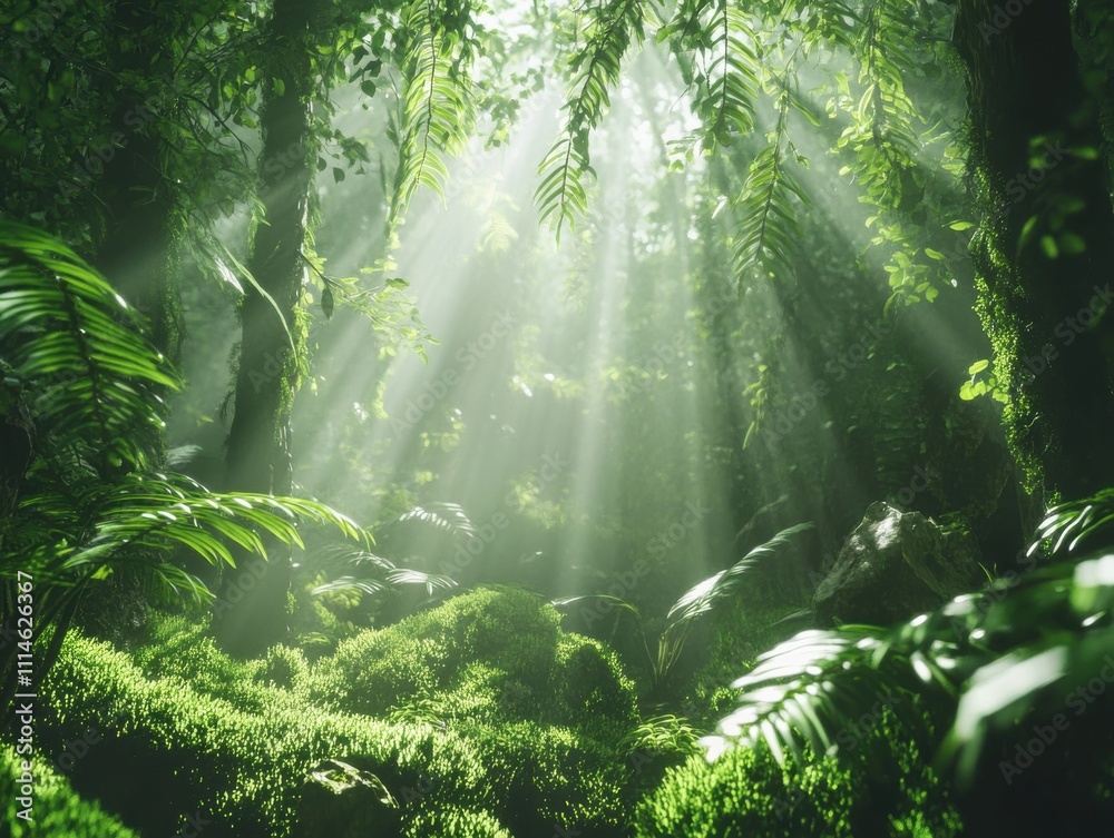 Poster Majestic rainforest with towering trees and sunlight filtering through lush greenery in a tranquil environment