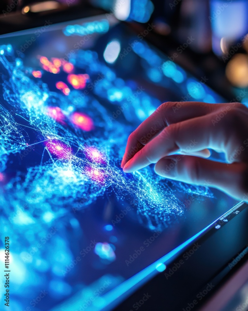 Aufkleber a scientist's hand skillfully adjusts the digital display of network data during an experiment in a 