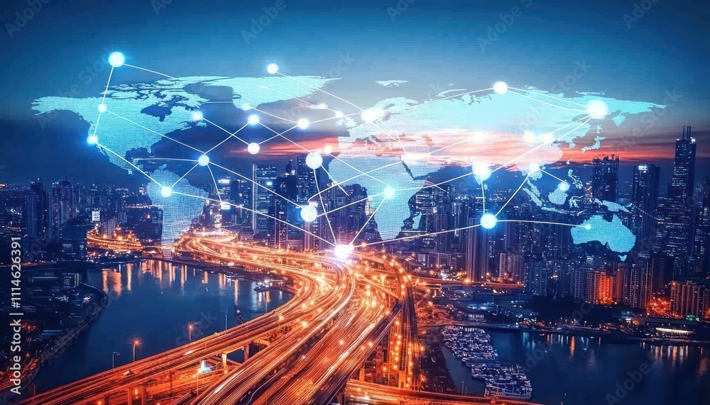 Poster a digital world map over a nighttime cityscape with interconnected nodes