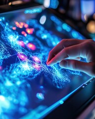 A scientist's hand skillfully adjusts the digital display of network data during an experiment in a modern laboratory setting