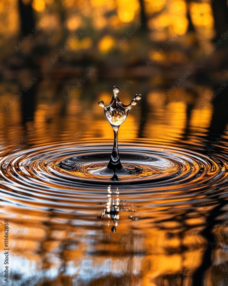 Poster a stunning high-speed macro shot capturing a water droplet creating ripples at sunset in a serene ou