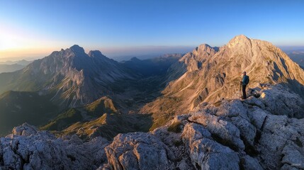 Obraz premium Hiker stands atop a mountain, basking in the breathtaking sunrise over rugged peaks and valleys