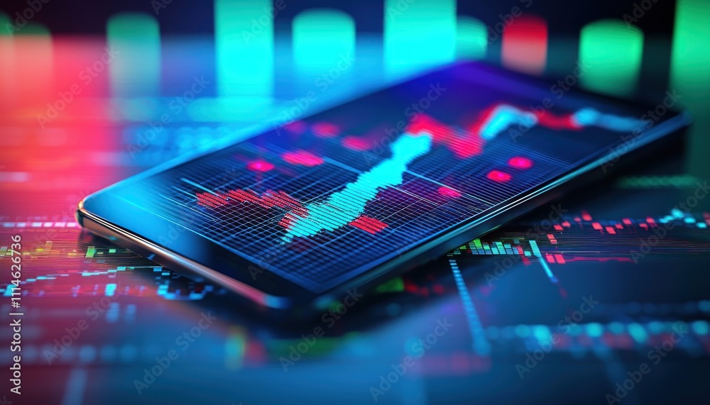 Poster Smartphone Displaying Stock Market Data with a Red and Blue Gradient Background