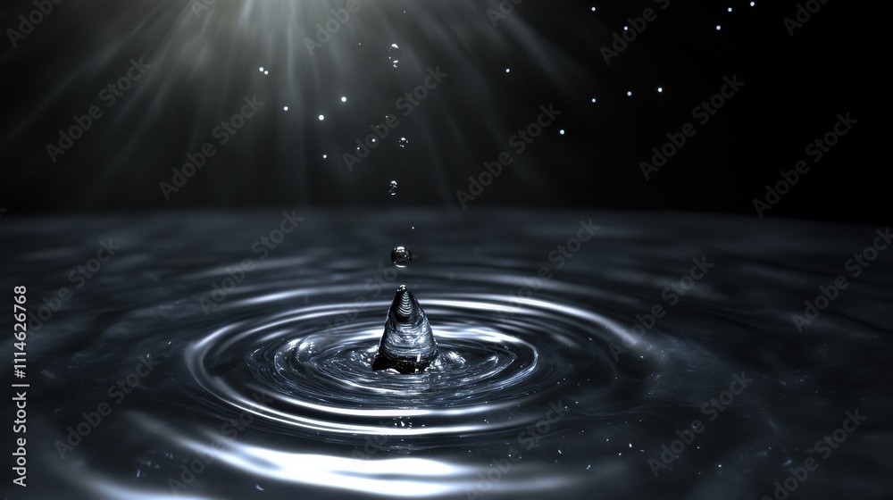 Poster futuristic concept of a water droplet falling into a still surface, creating ripples under soft ligh
