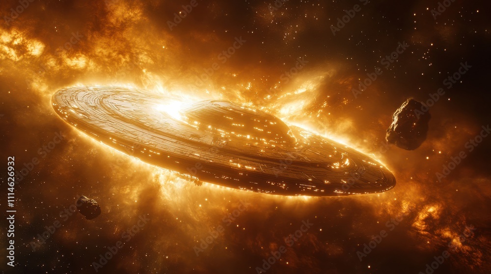 Poster dramatic shot of a luminous spaceship hovering in a vibrant cosmic environment surrounded by asteroi