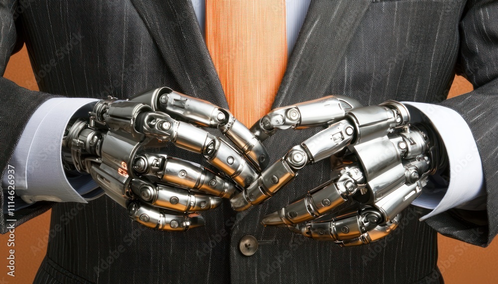 Poster a man in a suit with robotic hands clasped in front of him
