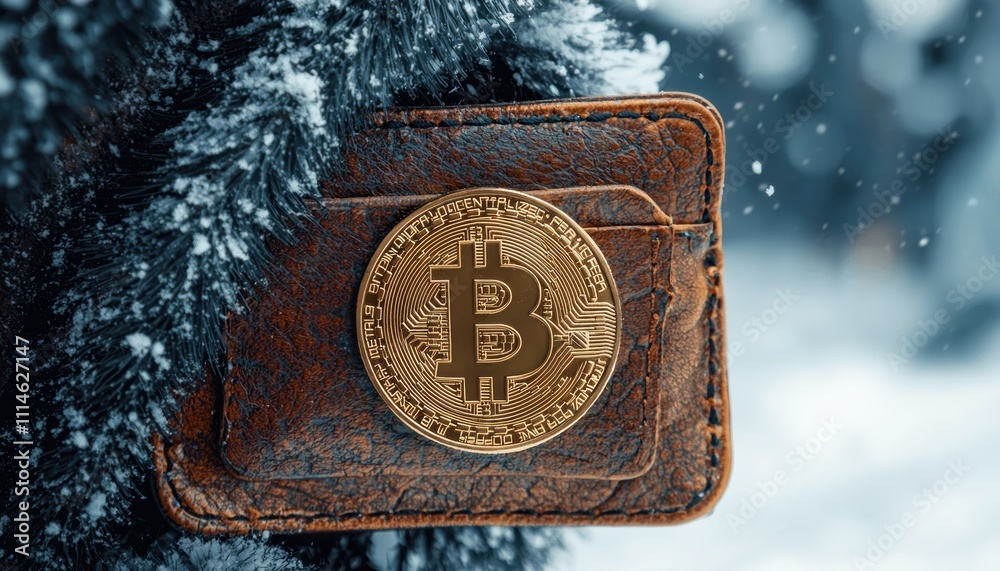 Poster golden bitcoin coin in a leather wallet on a snowy background