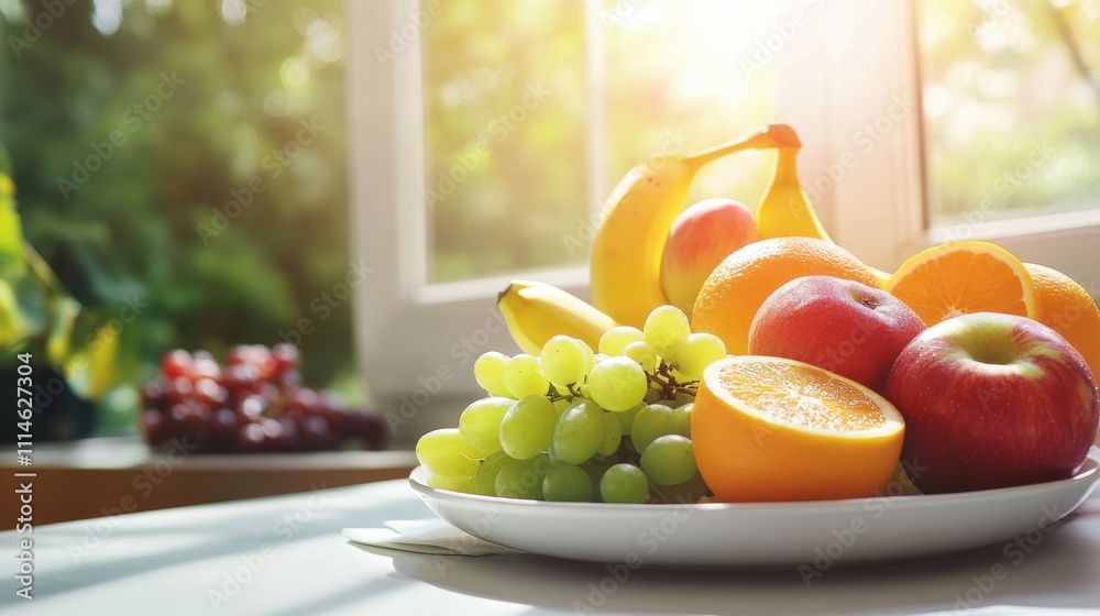 Poster a vibrant display of fresh fruits on a plate by a sunlit window during a bright afternoon