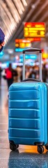 Obraz premium Blue suitcase in bustling airport, symbolizing travel adventure and exploration.