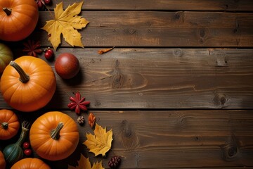 Autumn bottom border banner of pumpkins, gourds and fall decor on a rustic wood background with copy space/banner/design/wallpaper