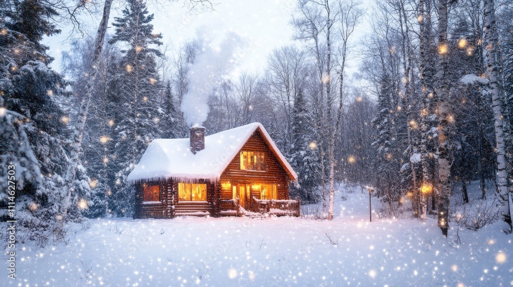 Poster a warm cabin glows in the snowy forest, surrounded by tall trees and gentle swirling snowflakes in t