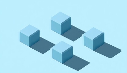 Obraz premium Four light blue cubes arranged on a light blue background casting shadows.