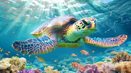 Obraz premium Charming Cartoon Turtle Smiling Happily in a Vibrant Underwater Scene with Colorful Coral and Playful Fish, Perfect for Children's Illustrations and Educational Materials