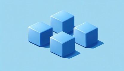 Fototapeta premium Four light blue cubes arranged in a plus shape against a pale blue background, casting shadows.
