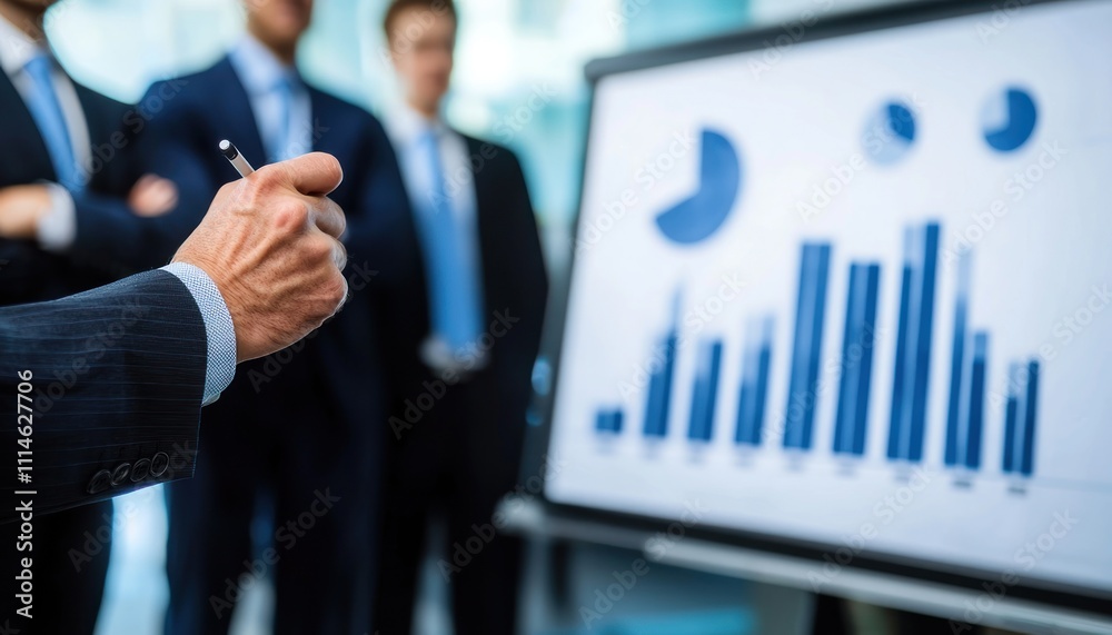Poster businessman presenting data with a pen and graphs
