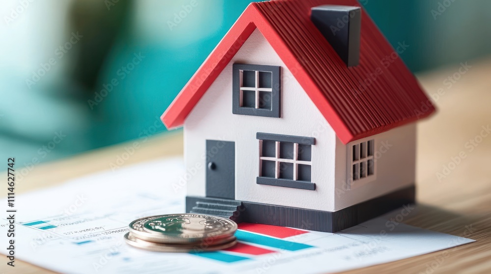 Poster miniature house model with coins on a graph paper