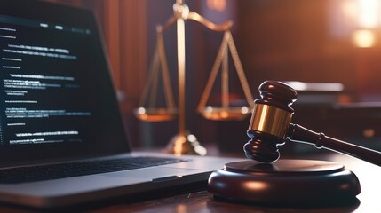 Obraz premium Wooden Gavel with Digital Law Icons on Blurred Background, Concept of Legal Knowledge and Cybersecurity