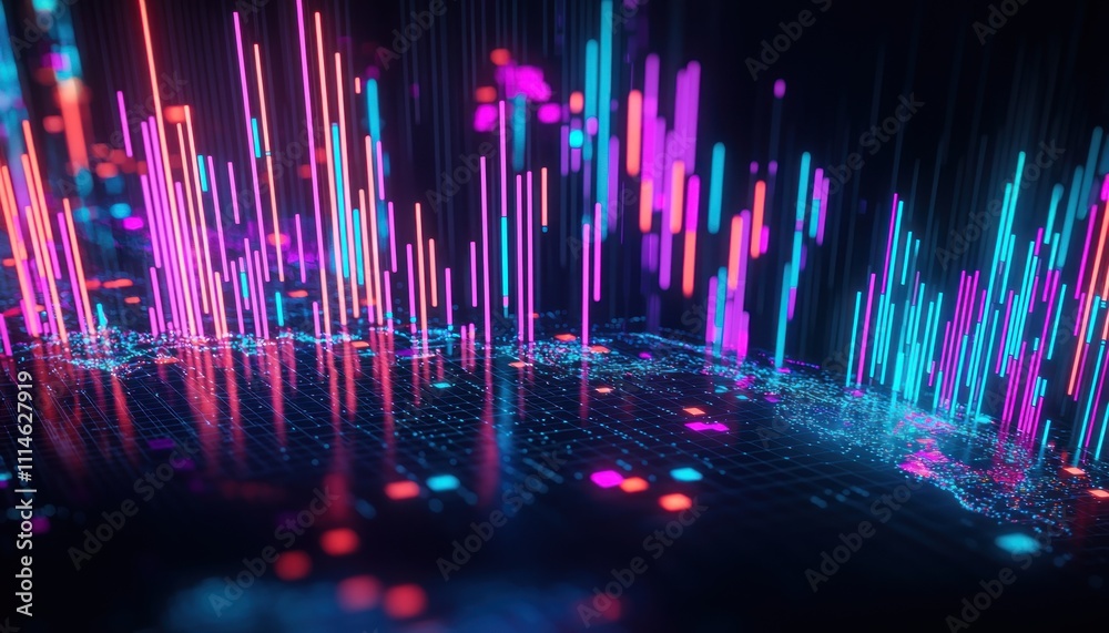 Poster Abstract digital landscape with neon lines and grid pattern