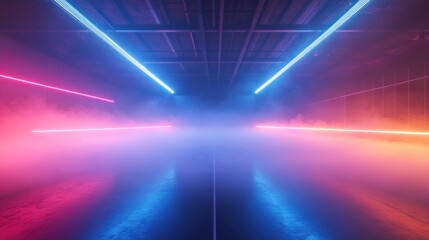 Fototapeta premium A futuristic space with neon lights and fog, creating a vibrant atmosphere.