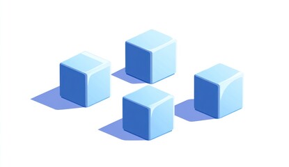 Fototapeta premium Four light blue isometric cubes arranged in a plus sign, casting shadows on a white background.