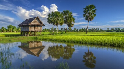Obraz premium Tranquil Asian Rice Paddy With Stilt House And Palm Trees