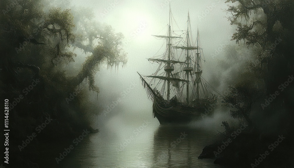 Poster a tall ship navigating a foggy river through a forest