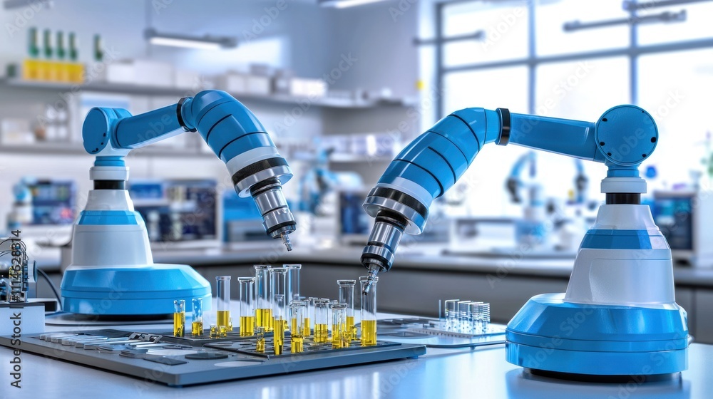 Poster two robotic arms handling test tubes in a laboratory