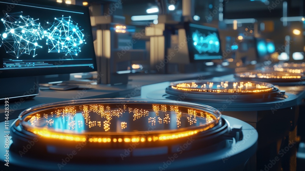 Poster Futuristic Laboratory with Glowing Circular Devices and a Computer Displaying a Network Graph