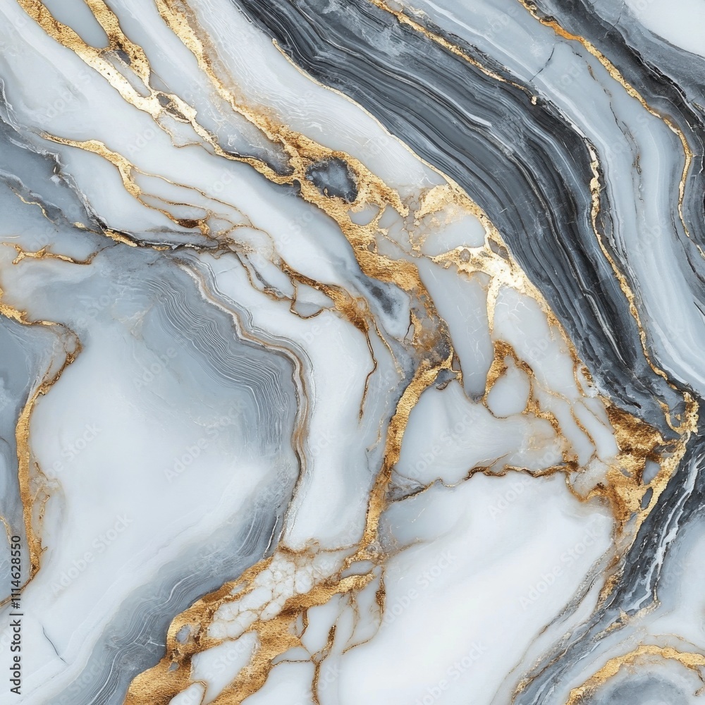 Poster Close-up view of elegant marble texture featuring swirls of gray and gold tones with captivating patterns and depth