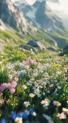 Fototapeta premium Close-up view of colorful mountain pasture with wildflowers blooming in the sunlight during spring