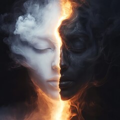 Fototapeta premium A striking close-up of a human face split in half revealing contrasting features and tones, symbolizing duality and the complexity of identity