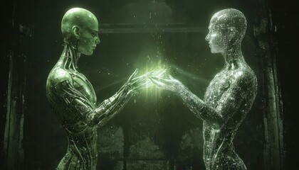 Two humanoid figures made of wireframe and solid green material, reaching towards each other with glowing light between their hands.