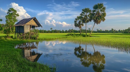 Obraz premium Stilt House Rice Paddy Serene Asian Landscape
